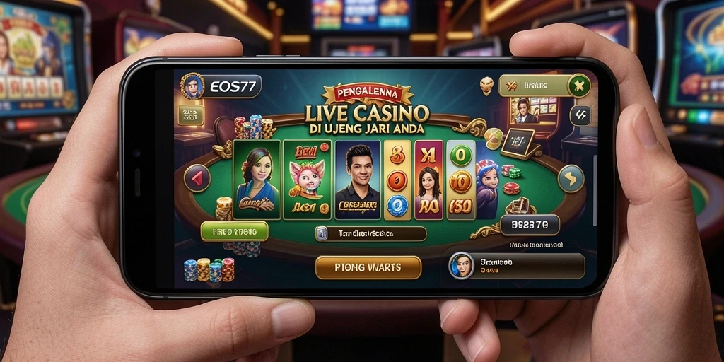 Screenshot gameplay EOS77 yang menampilkan dealer profesional dan suasana kasino langsung.