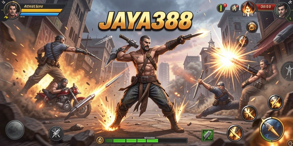 Screenshot JAYA388 menunjukkan karakter utama bertempur melawan musuh dalam aksi mendebarkan.