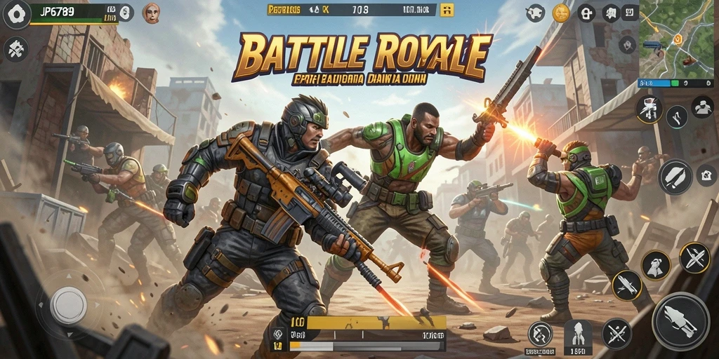 Screenshot utama JP6789 menunjukkan aksi seru dalam pertarungan Battle Royale.