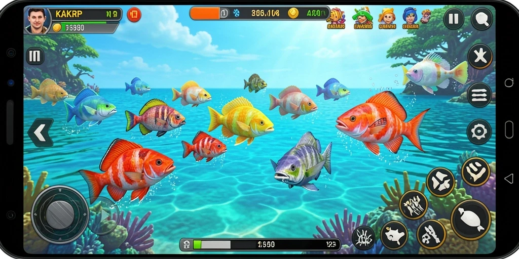 Tangkapan layar gameplay KAKRP yang menampilkan aksi menembak ikan.