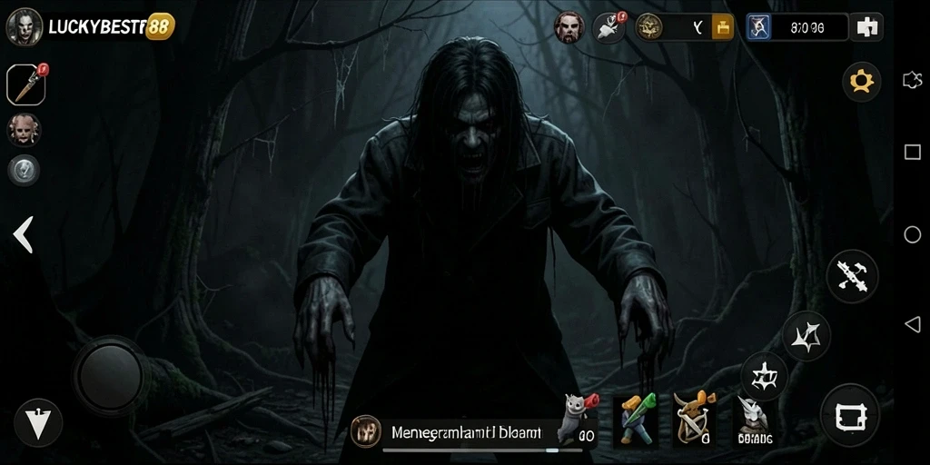 Screenshot gameplay <strong>LUCKYBEST88</strong> menampilkan suasana mencekam dan kegelapan yang menyelimuti.