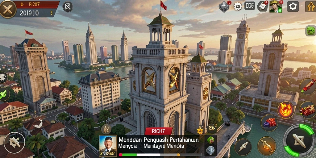 Gameplay RICH7 yang seru dengan menara dan musuh menarik.