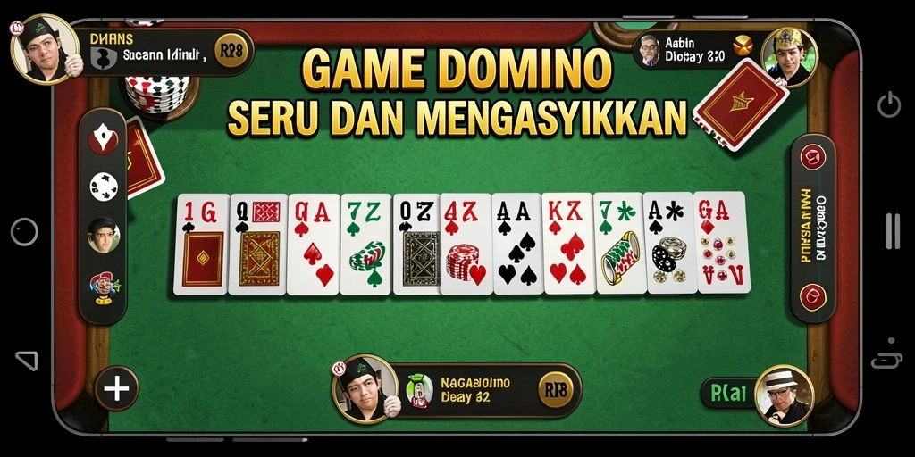 Screenshot gameplay RP8 yang menunjukkan permainan domino yang seru.