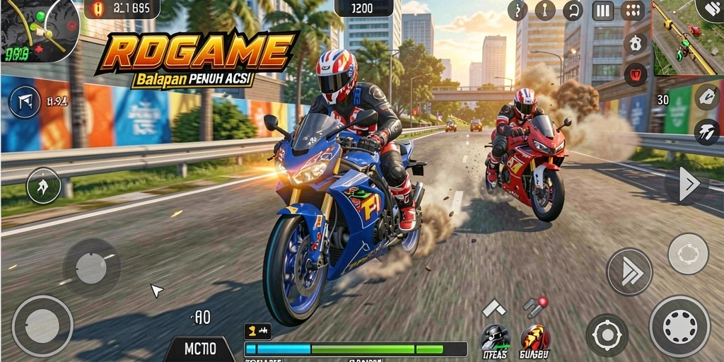 Screenshot RPGAME menampilkan balapan motor yang mendebarkan di trek yang mendetail.