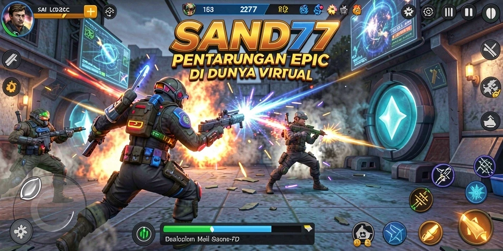 Screenshot gameplay SAND77 menunjukkan pertarungan mendebarkan antara karakter-karakter kuat.