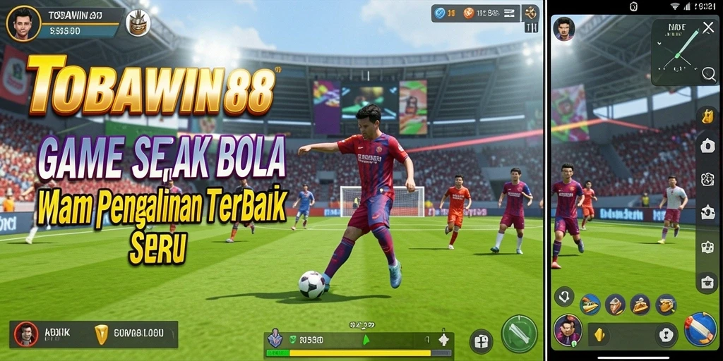 Screenshot utama TOBAWIN88 menunjukkan aksi seru dalam pertandingan sepak bola.