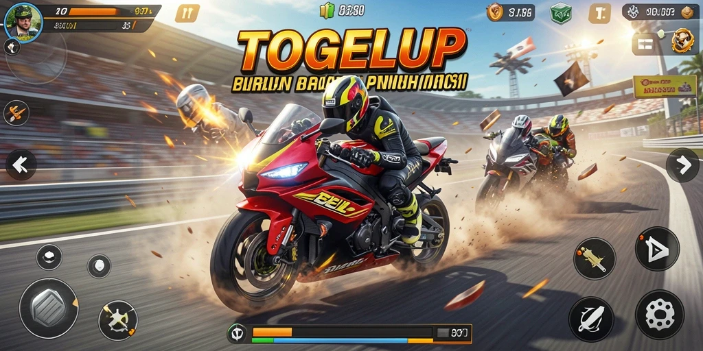 Tampilan gameplay TOGELUP dengan aksi balap motor yang mendebarkan.